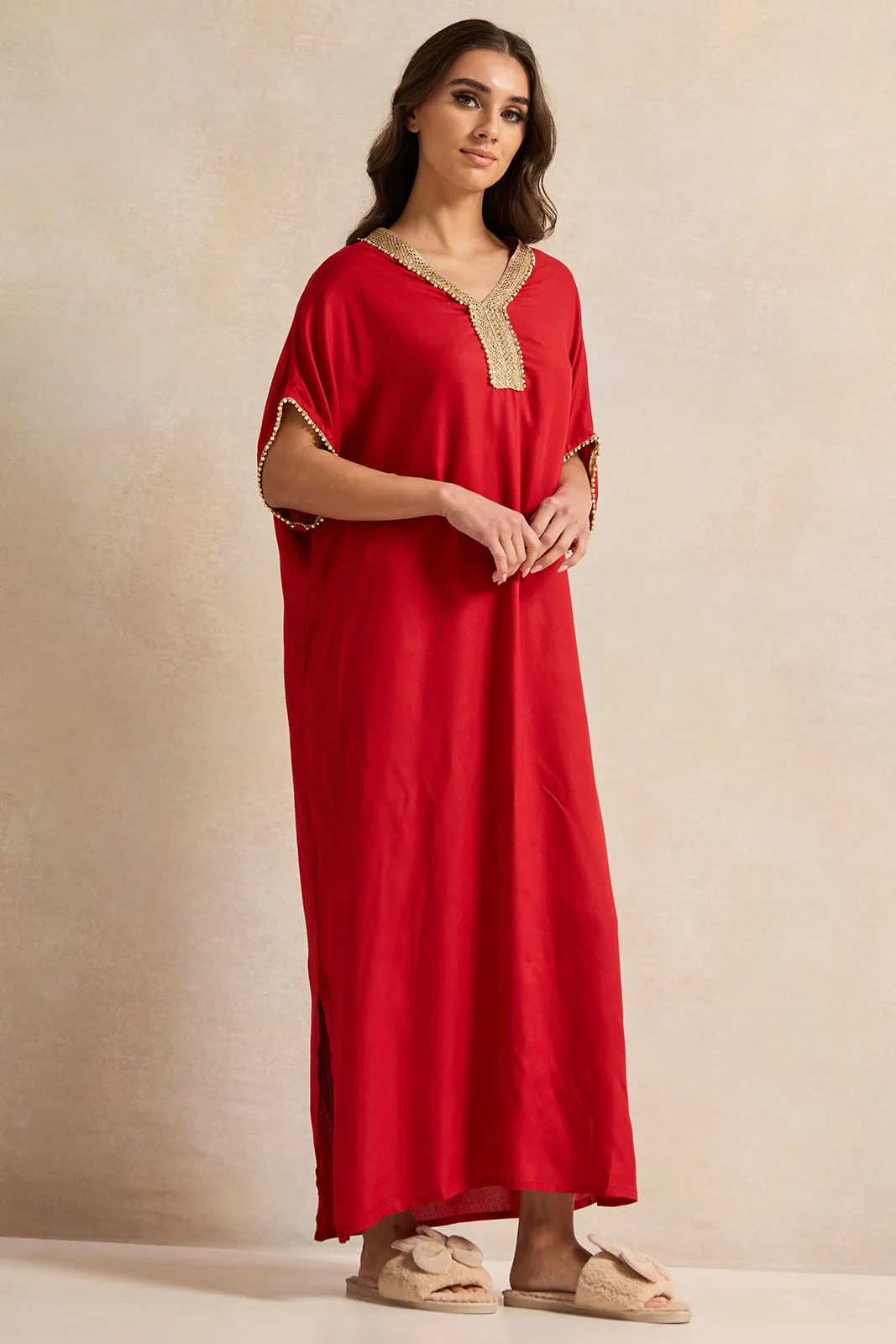 Women Red Embellished Neck Lace Nightgown sold by Redtag product image thumbnail 4