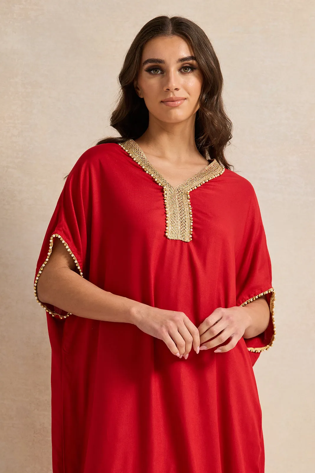 Women Red Embellished Neck Lace Nightgown sold by Redtag product image thumbnail 2