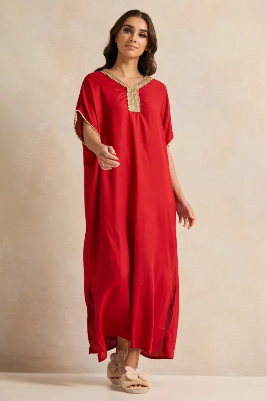 Women Red Embellished Neck Lace Nightgown sold by Redtag