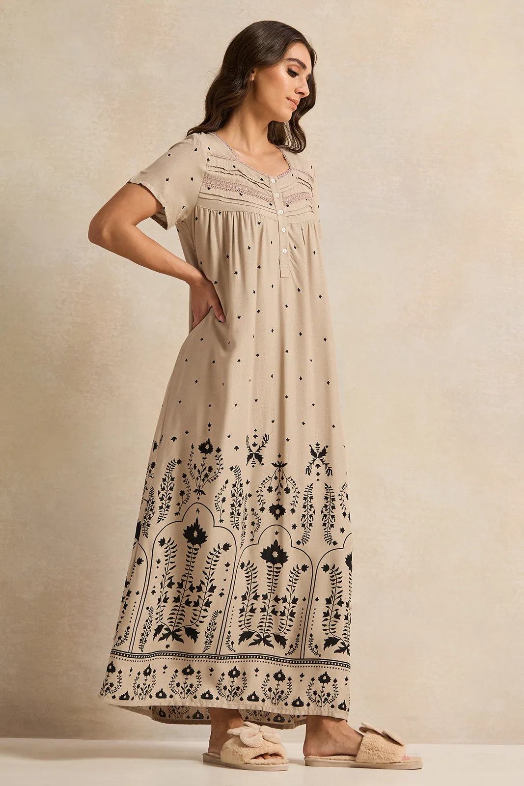 Women Beige Printed Lace Nightgown sold by Redtag product image thumbnail 4