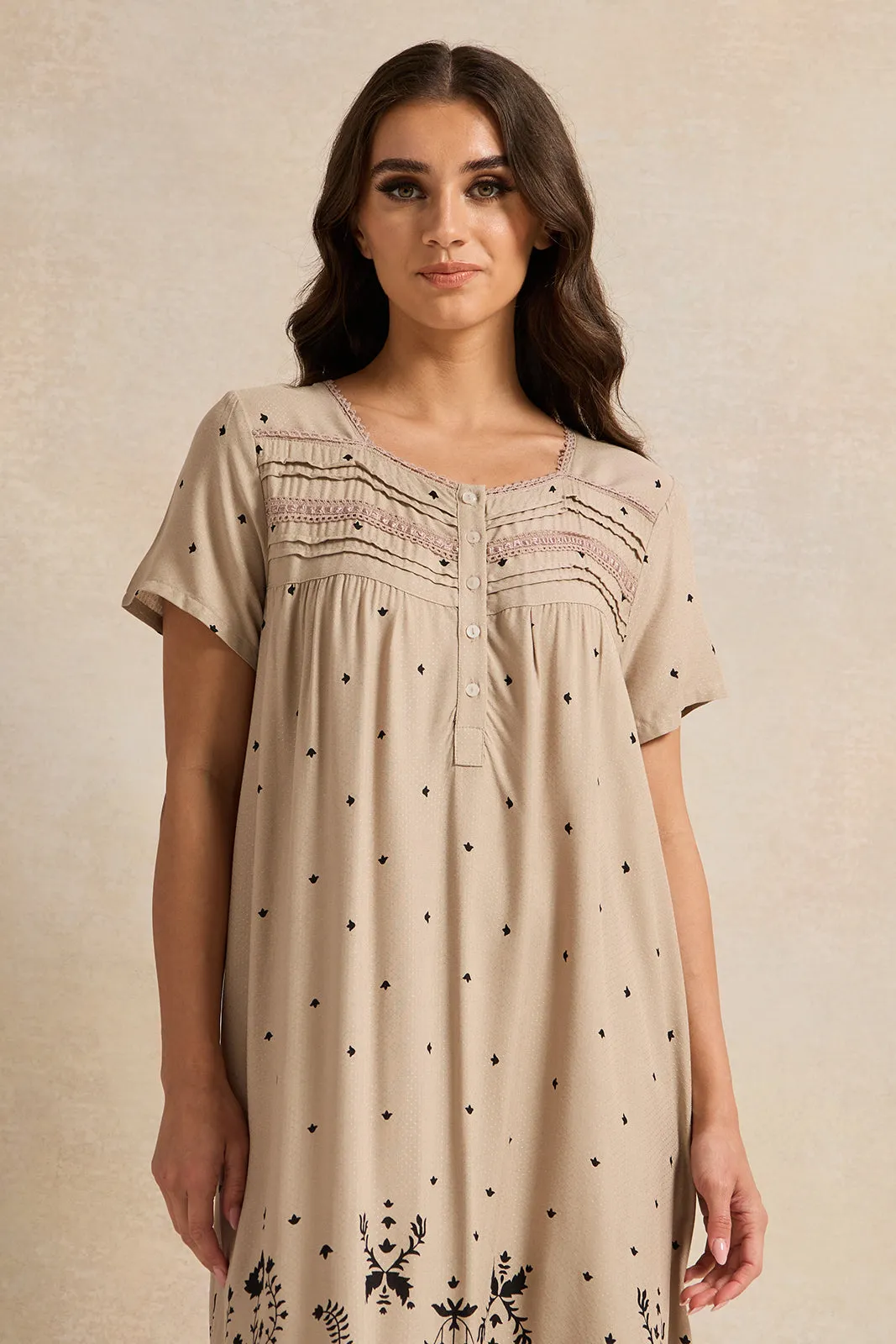 Women Beige Printed Lace Nightgown sold by Redtag product image thumbnail 2