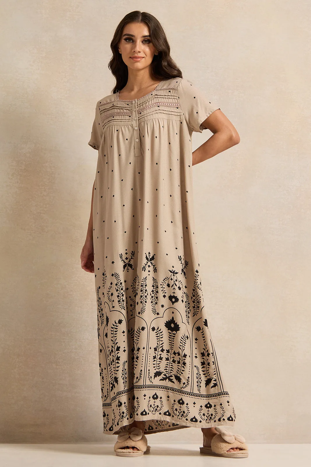 Women Beige Printed Lace Nightgown sold by Redtag