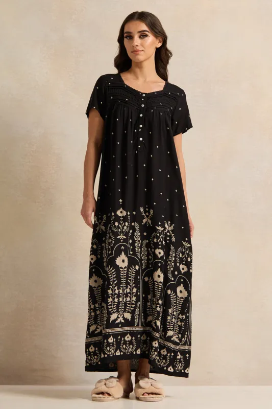 Women Black Printed With Lace Nightgown sold by Redtag