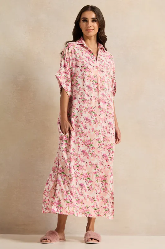 Women Pink Printed Kaftan Short Sleeve Nightgown sold by Redtag