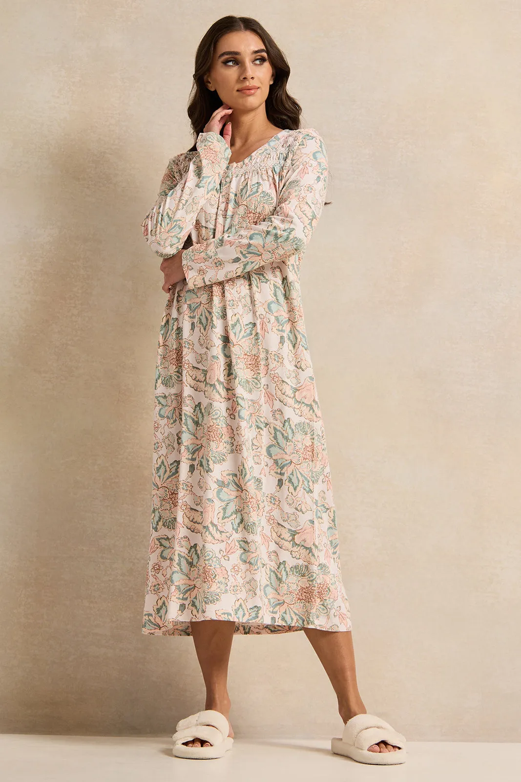 Women White Printed Round Neck Knitted Nightgown sold by Redtag