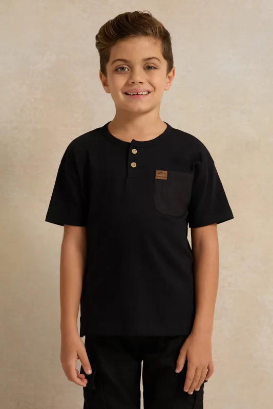 Boys Black Henley T-Shirt sold by Redtag