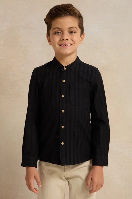 Boys Black Striped Mandarin Collar Shirt sold by Redtag