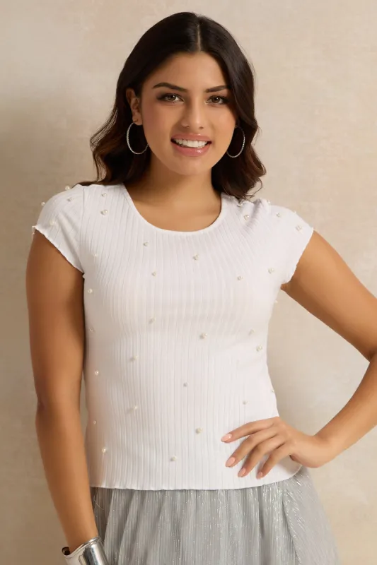 Women White Pearl Embellished Top sold by Redtag