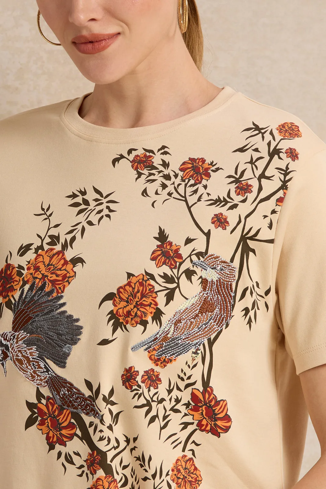 Women Beige Embroidered T-Shirt sold by Redtag product image thumbnail 4