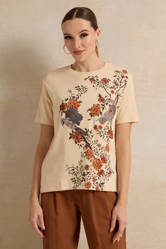 Women Beige Embroidered T-Shirt sold by Redtag