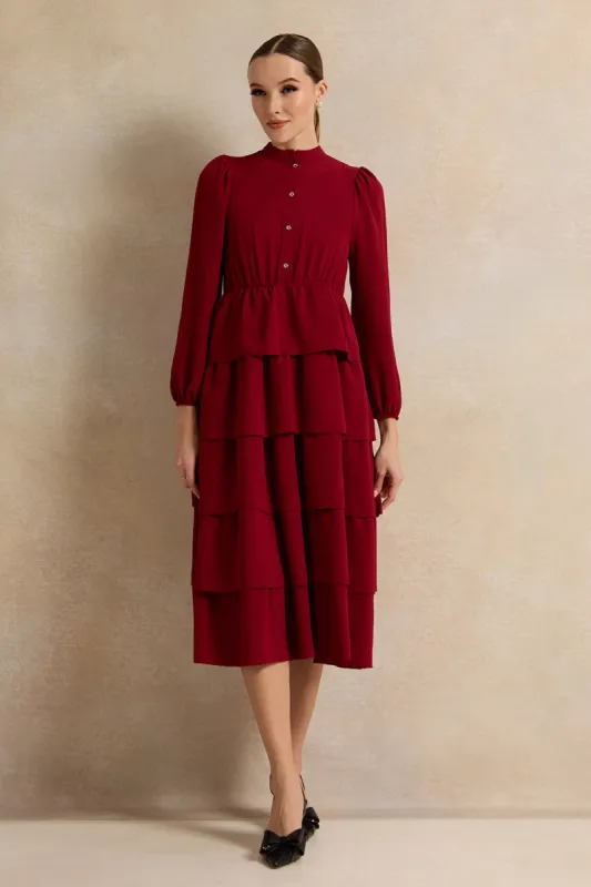 Women Burgundy Tier Dress sold by Redtag