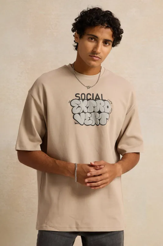 Men Beige Pleated Interlock Oversized T-Shirt sold by Redtag