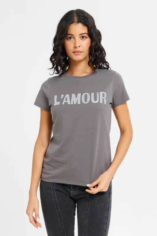 Women Grey Love Embossed T-Shirt sold by Redtag