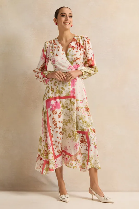 Women White Scraf Print Wrap Satin Dress sold by Redtag