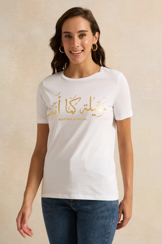Women White Foil Printed T-Shirt sold by Redtag