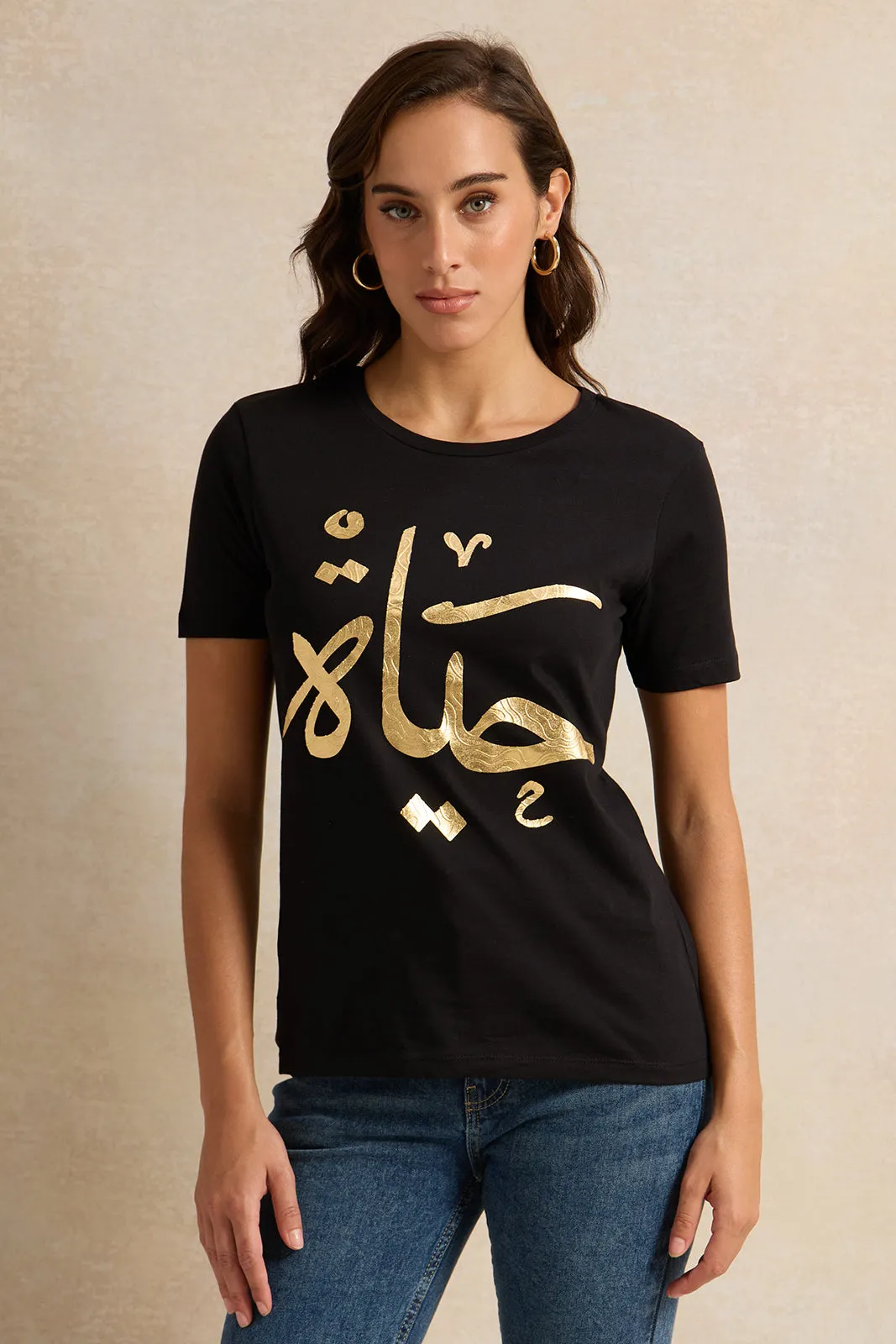 Women Black Foil Print T-Shirt sold by Redtag