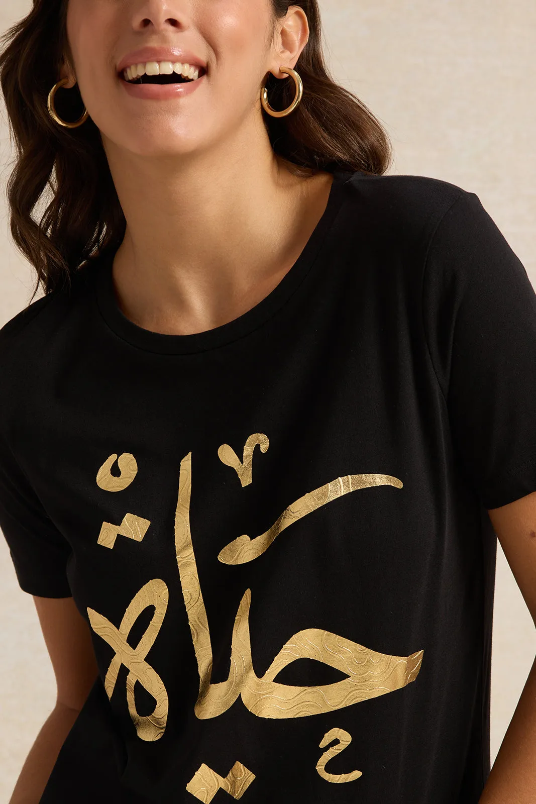 Women Black Foil Print T-Shirt sold by Redtag product image thumbnail 4