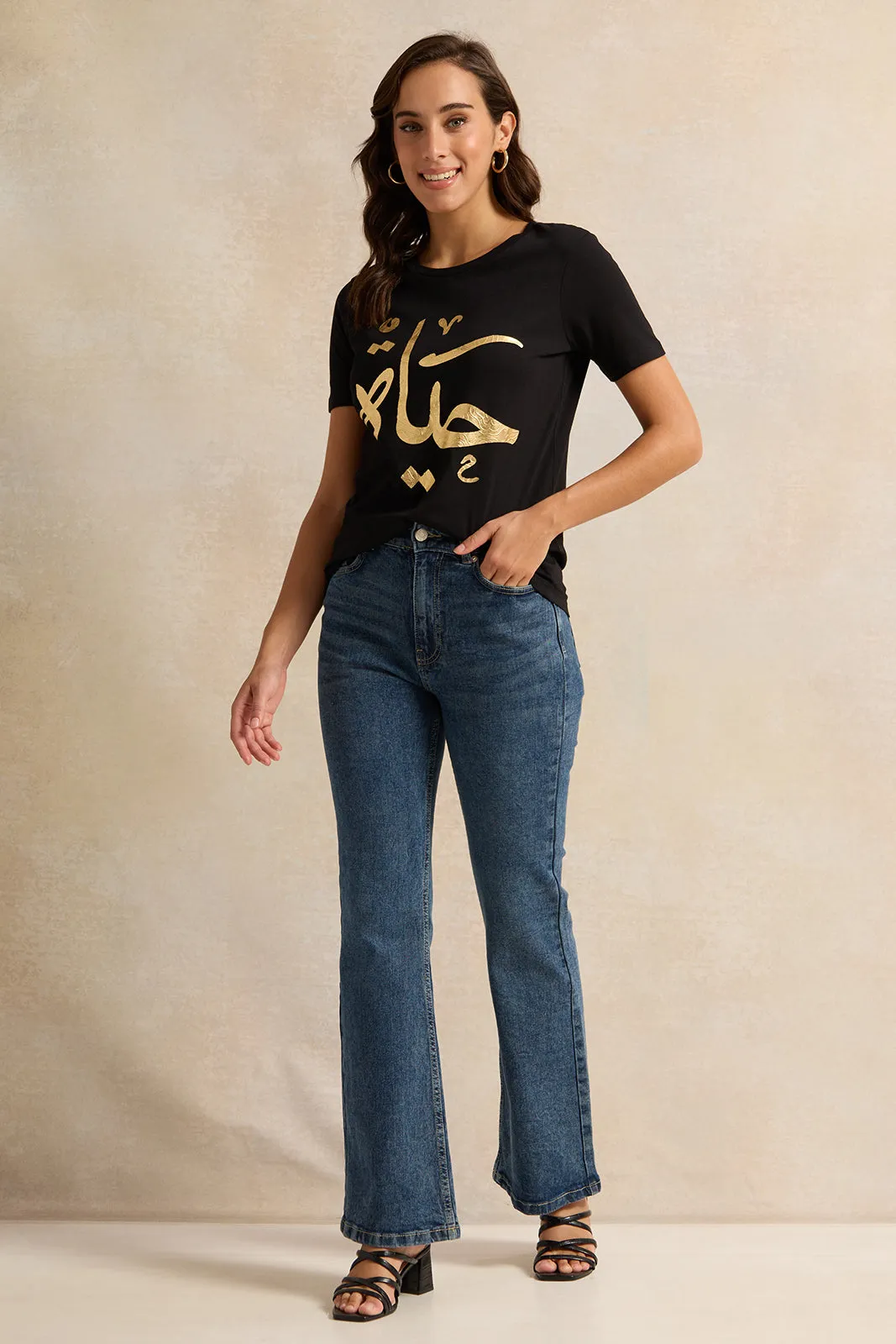 Women Black Foil Print T-Shirt sold by Redtag product image thumbnail 2