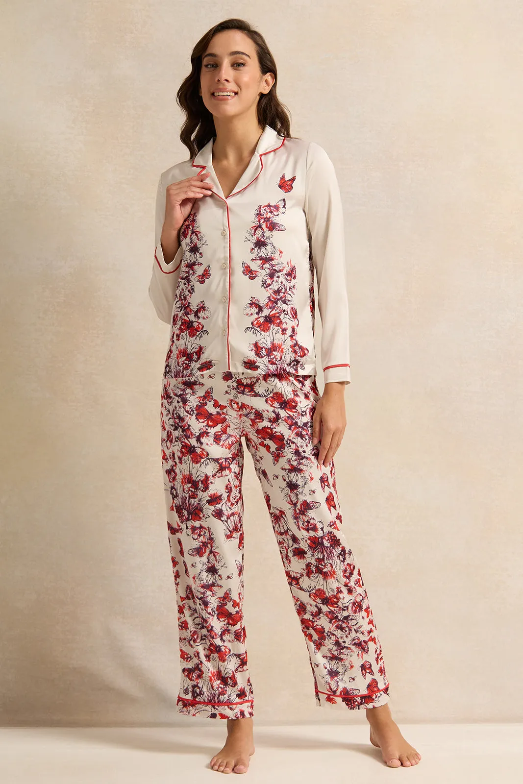Women Red And White Satin Classic Pyjama Set (2 Piece) sold by Redtag