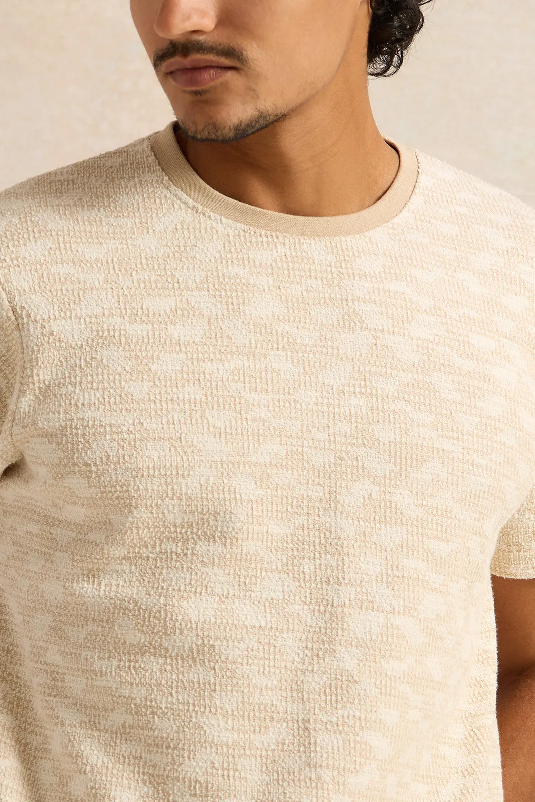 Men Beige Jacquard T-Shirt sold by Redtag product image thumbnail 4