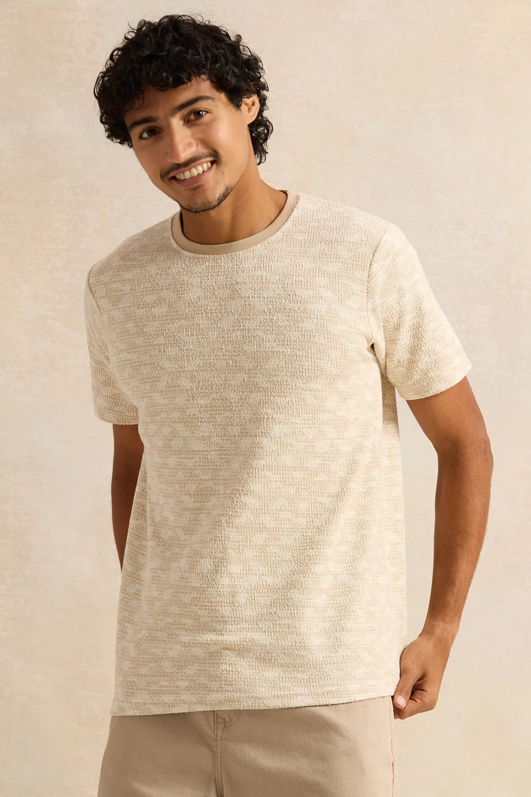 Men Beige Jacquard T-Shirt sold by Redtag