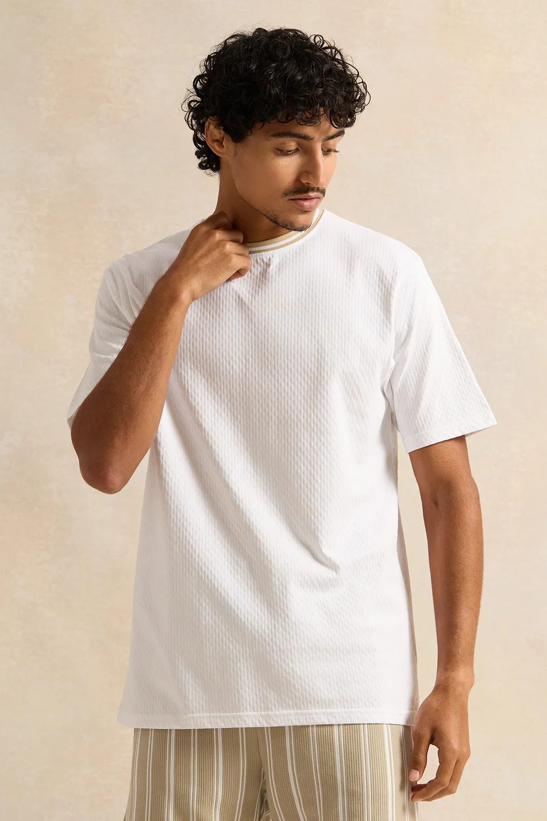 Men White Jacquard T-Shirt sold by Redtag