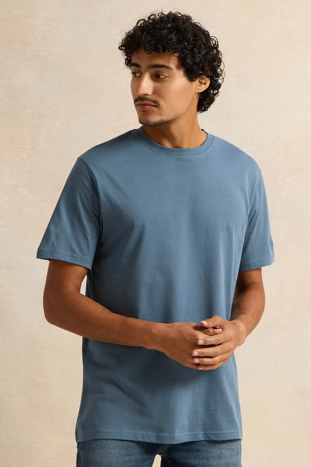 Men Blue Solid Short Sleeved T-Shirt sold by Redtag