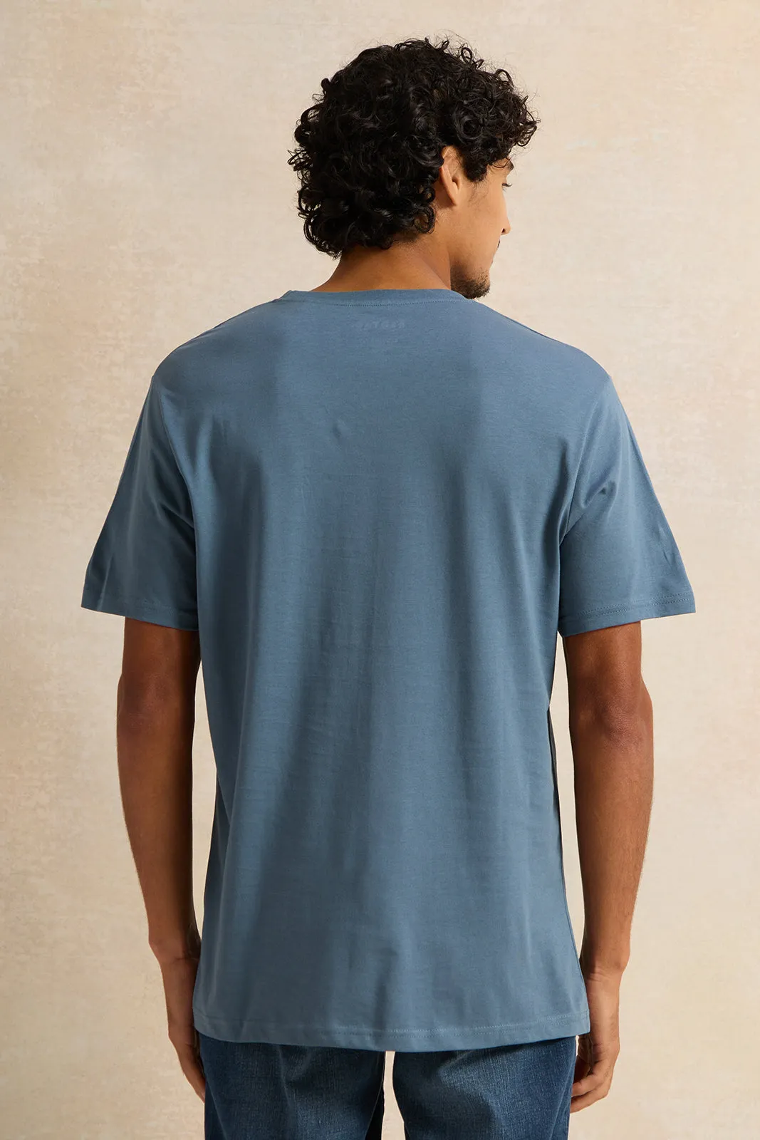 Men Blue Solid Short Sleeved T-Shirt sold by Redtag product image thumbnail 3