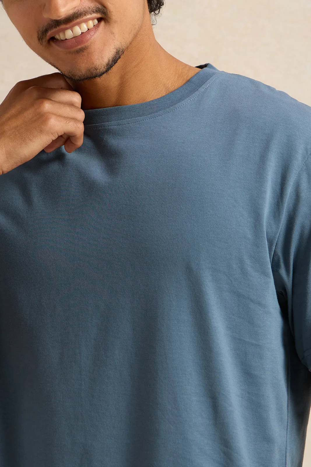 Men Blue Solid Short Sleeved T-Shirt sold by Redtag product image thumbnail 4