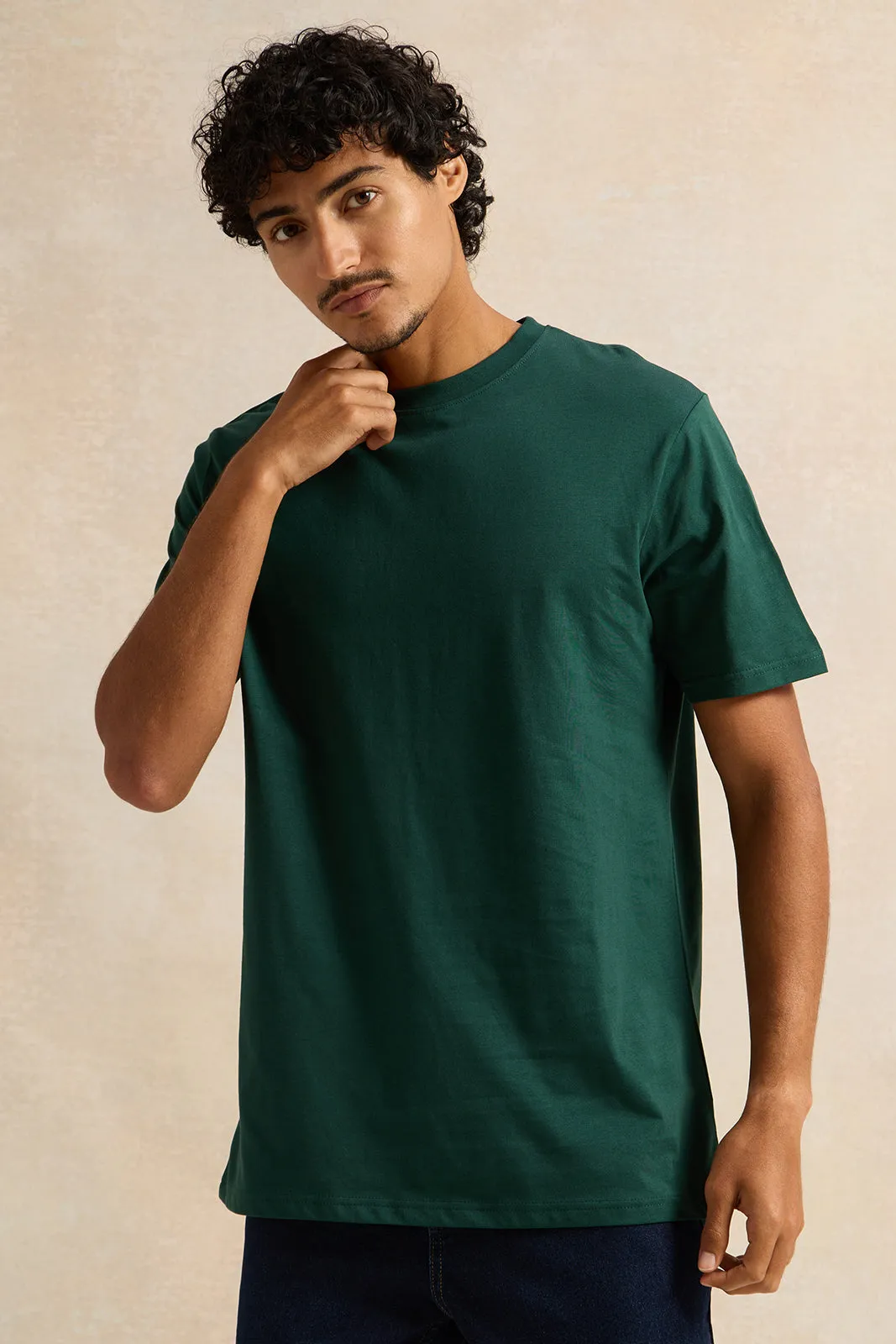 Men Green Solid Short Sleeved T-Shirt sold by Redtag