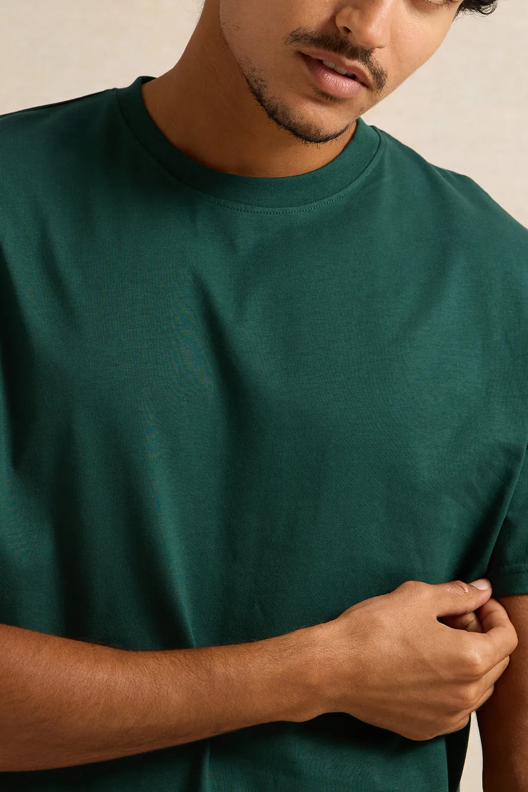 Men Green Solid Short Sleeved T-Shirt sold by Redtag product image thumbnail 4