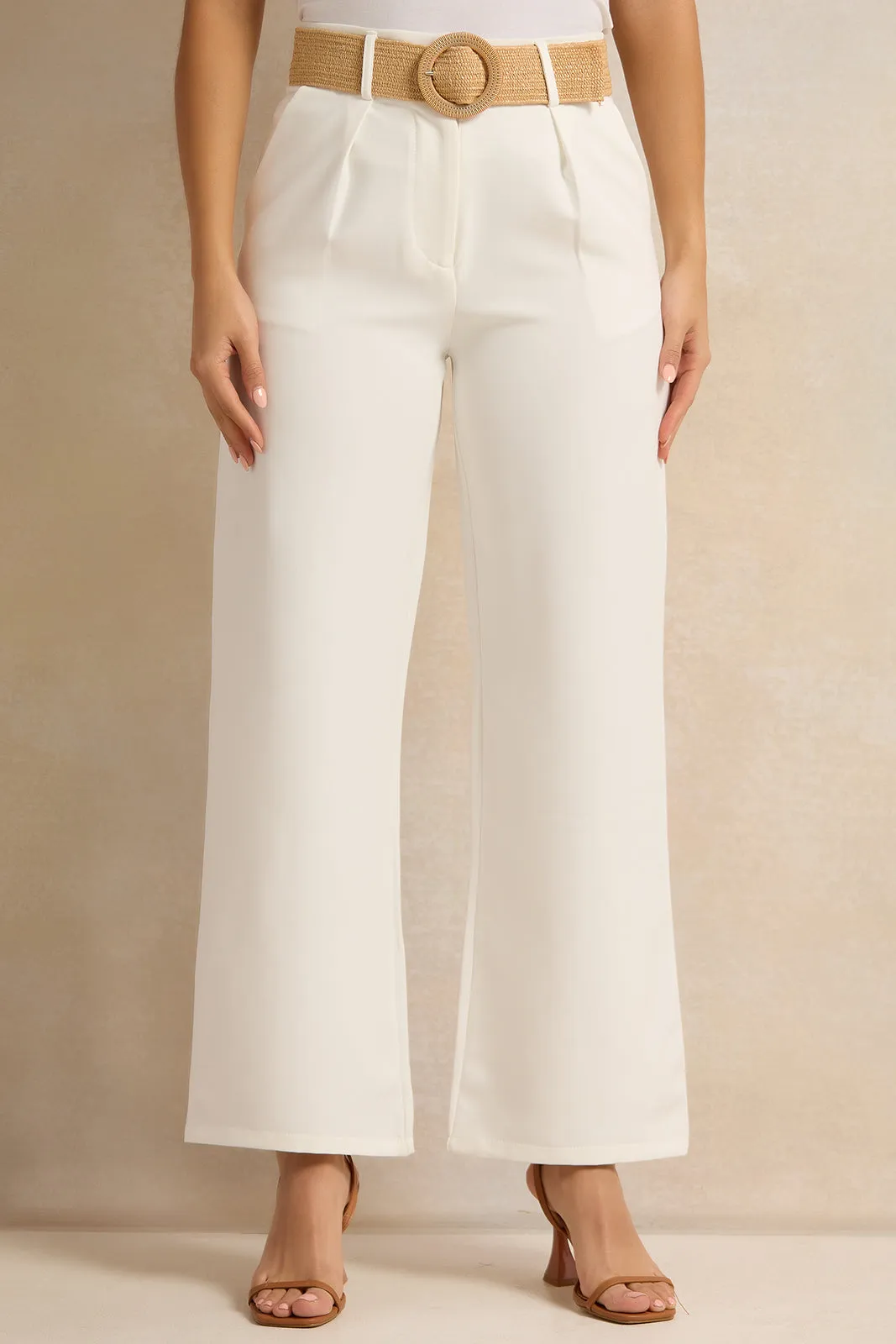 Women White Belted Straight Fit Trousers sold by Redtag