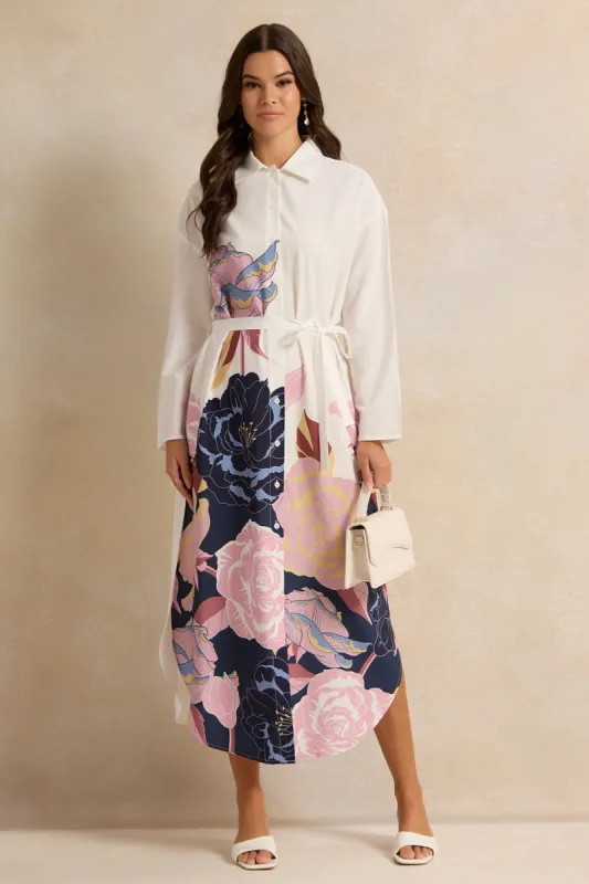 Women White Printed Belted Shirt Dress sold by Redtag