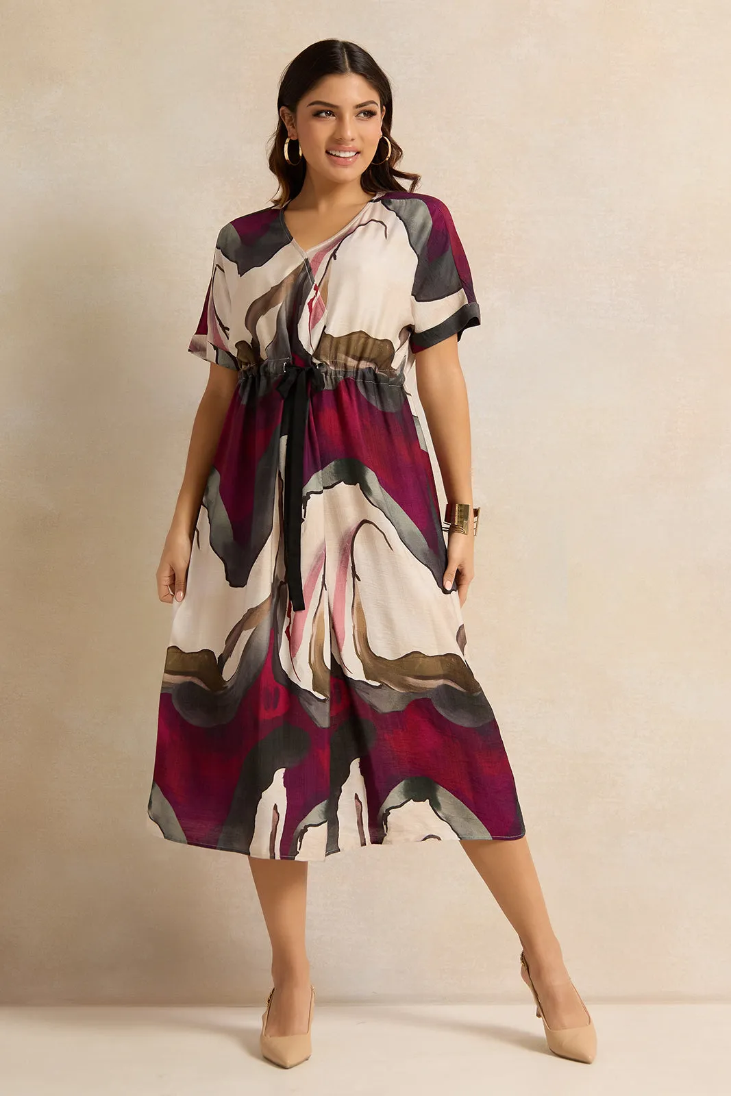Women Multicolour Printed Belted Shirt Dress sold by Redtag