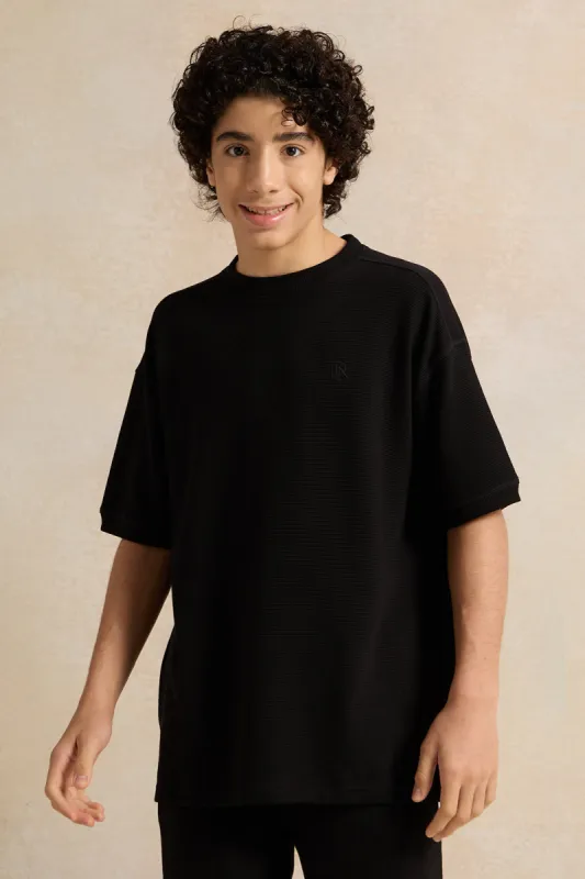 Senior Boys Black Jacquard Oversize T-Shirt sold by Redtag