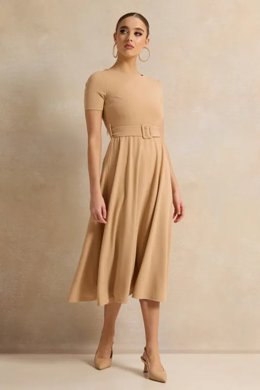 Women Beige Midi Dress With Belt sold by Redtag