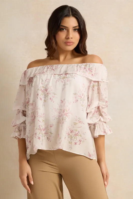 Women Printed Off Shoulder Ruffle Prairie Blouse sold by Redtag