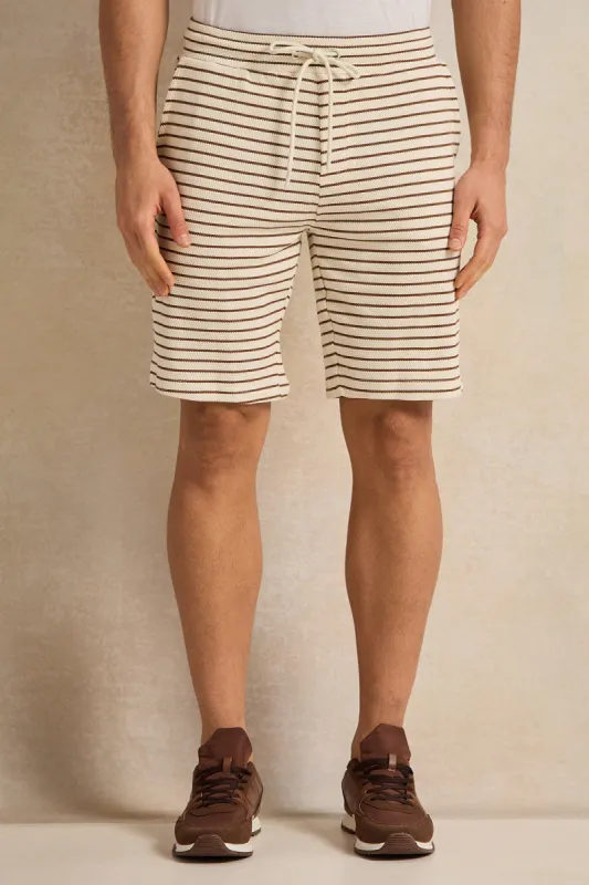 Men Beige Striped Lounge Shorts sold by Redtag