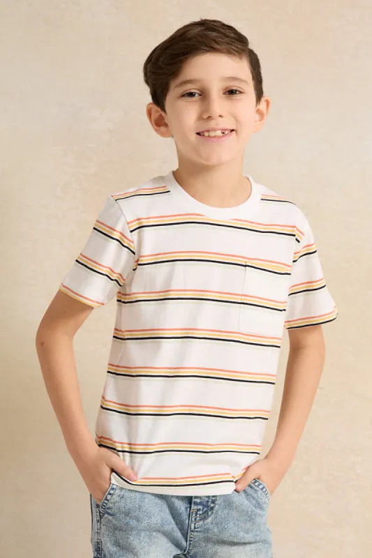 Boys Ivory Stripe Short Sleeve T-Shirt sold by Redtag