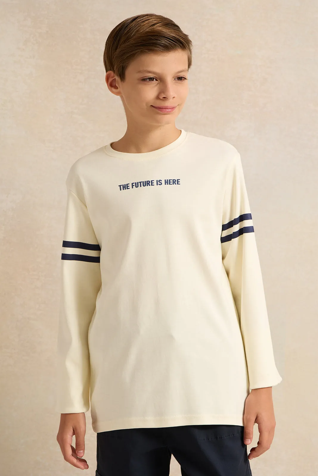 Senior Boys Ivory Stripe On Sleeves T-shirt sold by Redtag