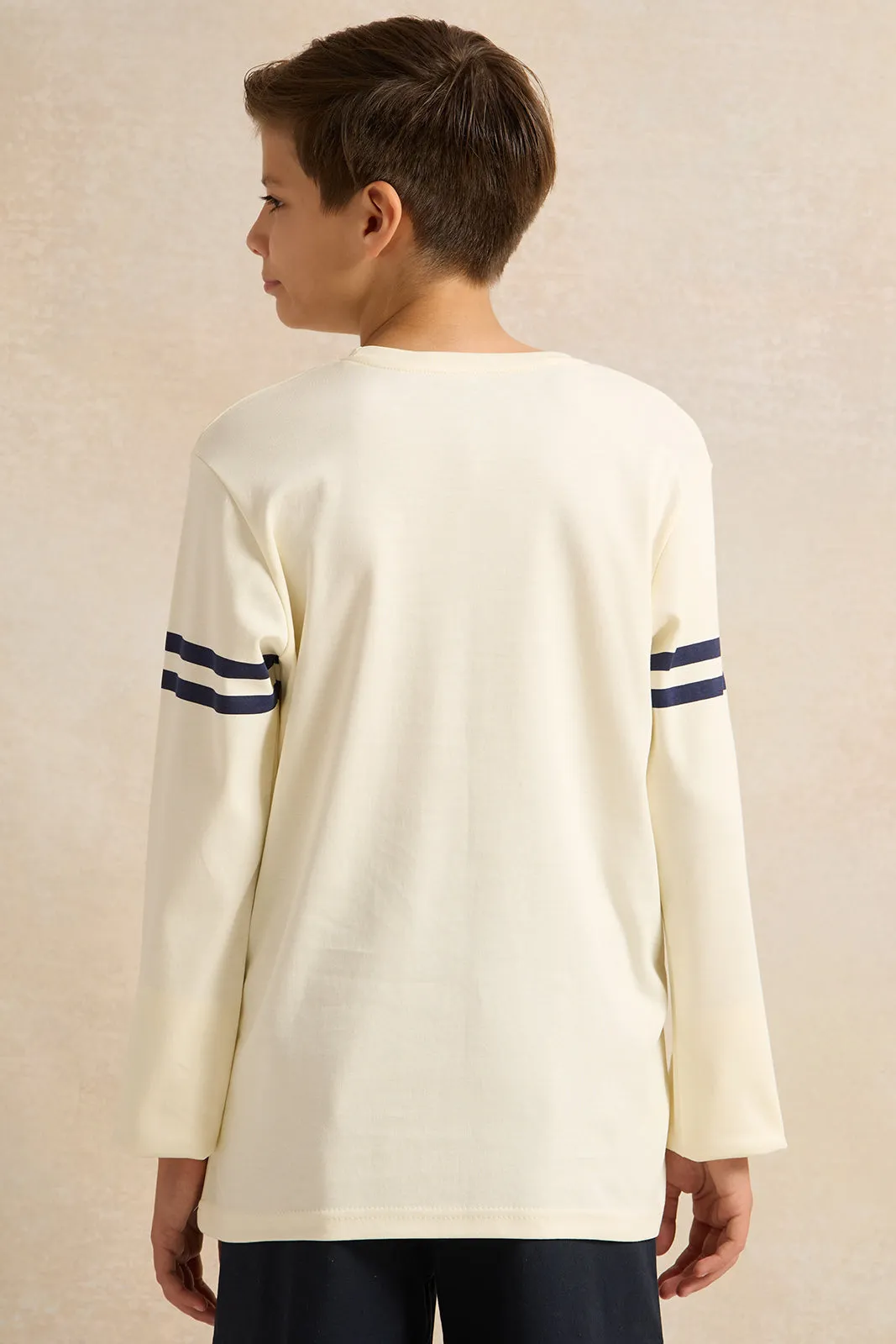 Senior Boys Ivory Stripe On Sleeves T-shirt sold by Redtag product image thumbnail 3
