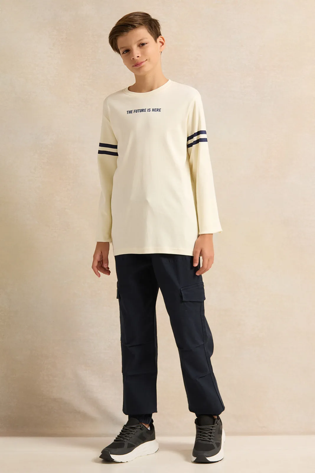 Senior Boys Ivory Stripe On Sleeves T-shirt sold by Redtag product image thumbnail 2