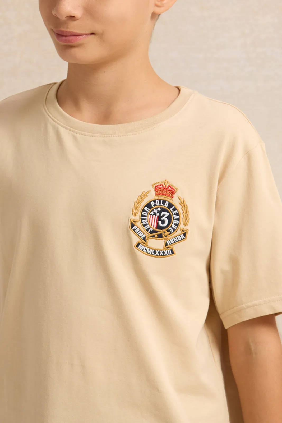 Senior Boys Beige Embroidered T-Shirt sold by Redtag product image thumbnail 4