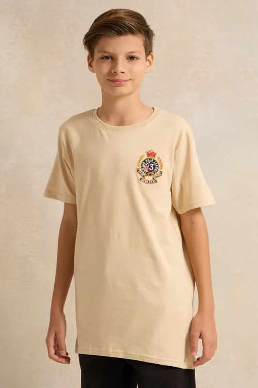 Senior Boys Beige Embroidered T-Shirt sold by Redtag