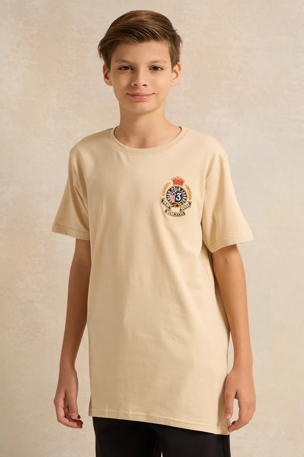 Senior Boys Beige Embroidered T-Shirt sold by Redtag