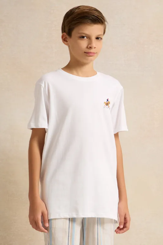 Senior Boys White Embroidered T-Shirt sold by Redtag