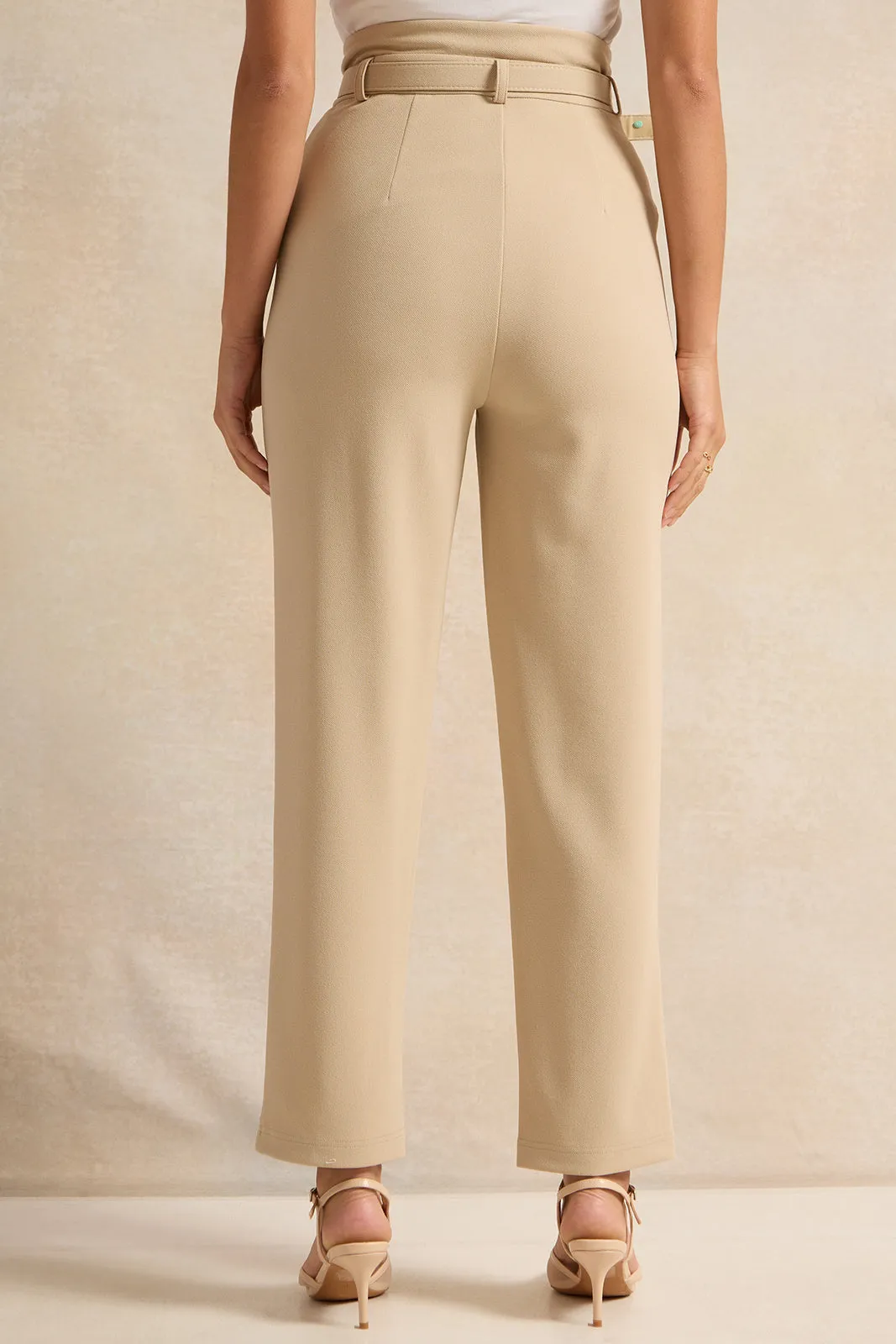 Women Beige Belted Tapered Trousers sold by Redtag product image thumbnail 3