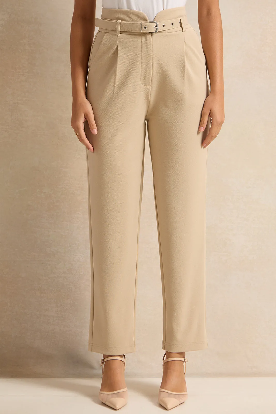 Women Beige Belted Tapered Trousers sold by Redtag