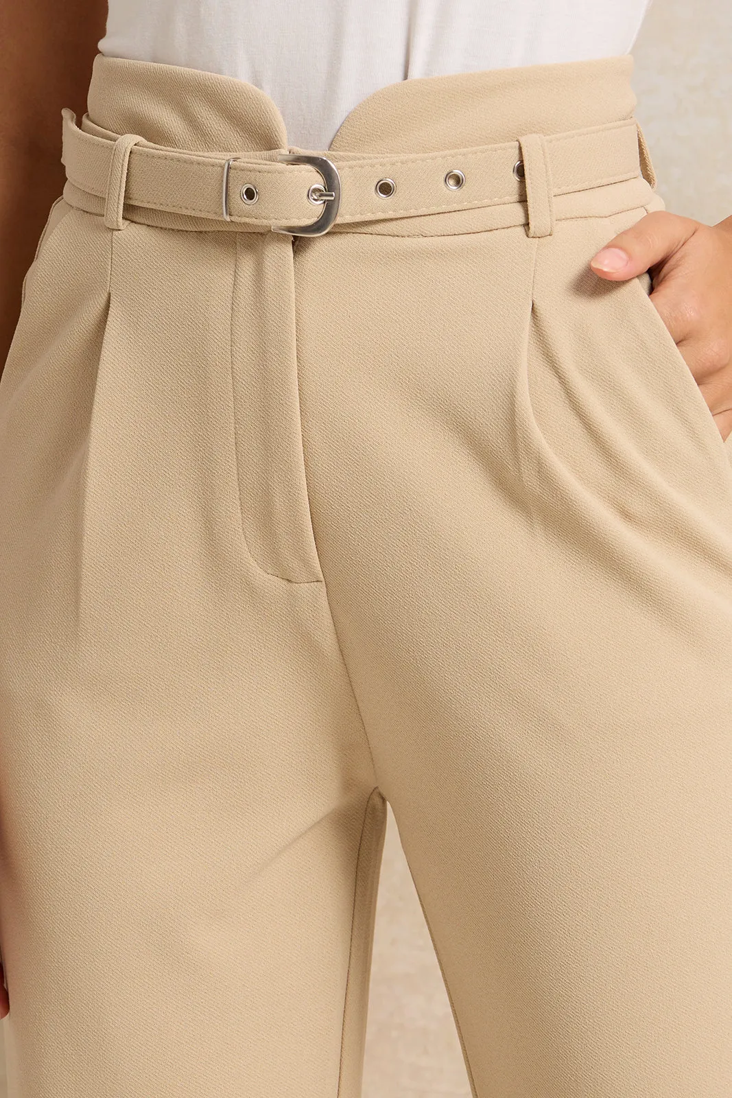 Women Beige Belted Tapered Trousers sold by Redtag product image thumbnail 4