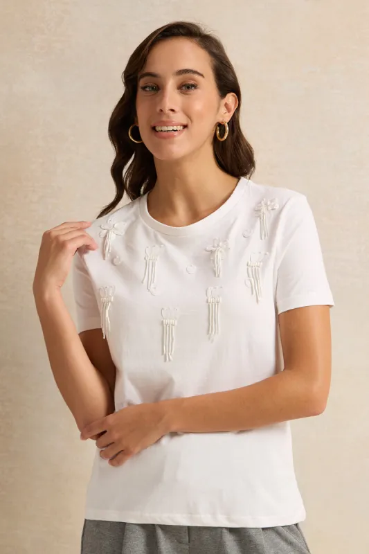 Women White Embellished T-Shirt sold by Redtag